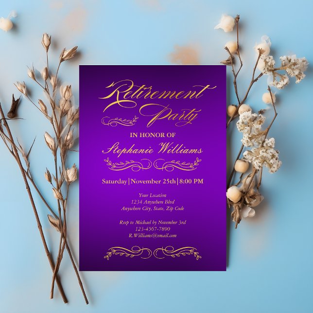 Retirement Elegant Female Purple and Gold  Invitation (Creator Uploaded)