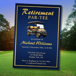 Retirement Elegant Golf Theme Cart Blue Gold Invitation