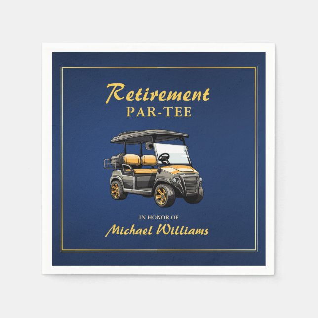 Retirement Elegant Golf Theme Cart Blue Gold Napkin (Front)