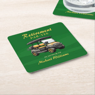 Retirement Elegant Golf Theme Cart Green Gold Square Paper Coaster