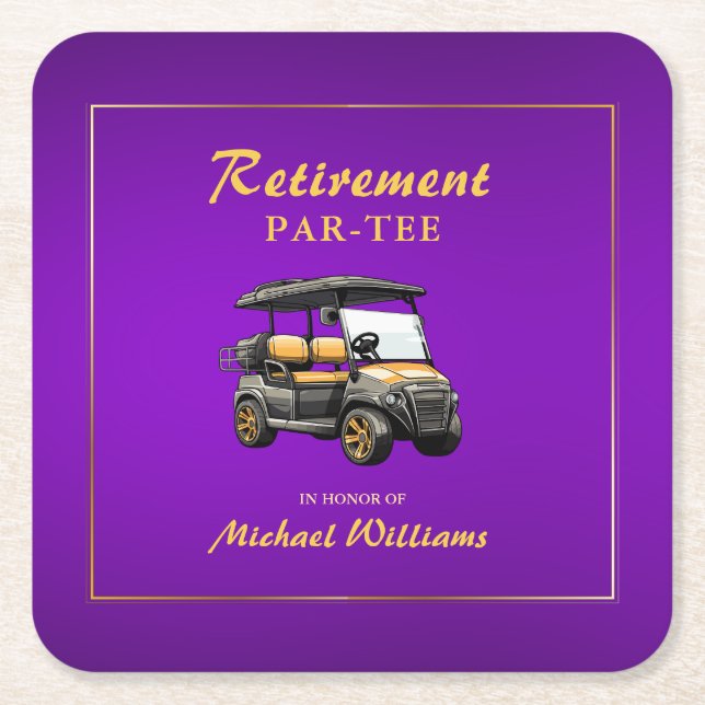 Retirement Elegant Golf Theme Cart Purple Gold Square Paper Coaster (Front)