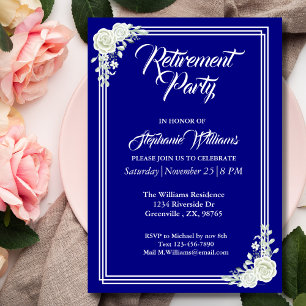 Retirement Elegant Script Blue White Rose Party  Invitation
