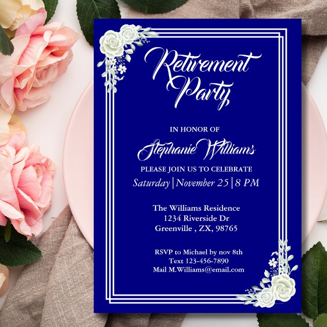 Retirement Elegant Script Blue White Rose Party  Invitation (Creator Uploaded)