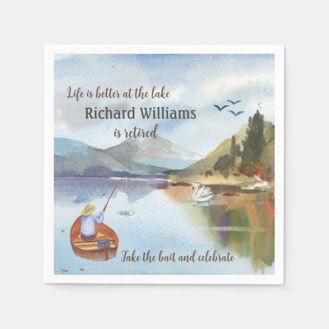 Retirement fishing at the lake watercolor napkin (Front)