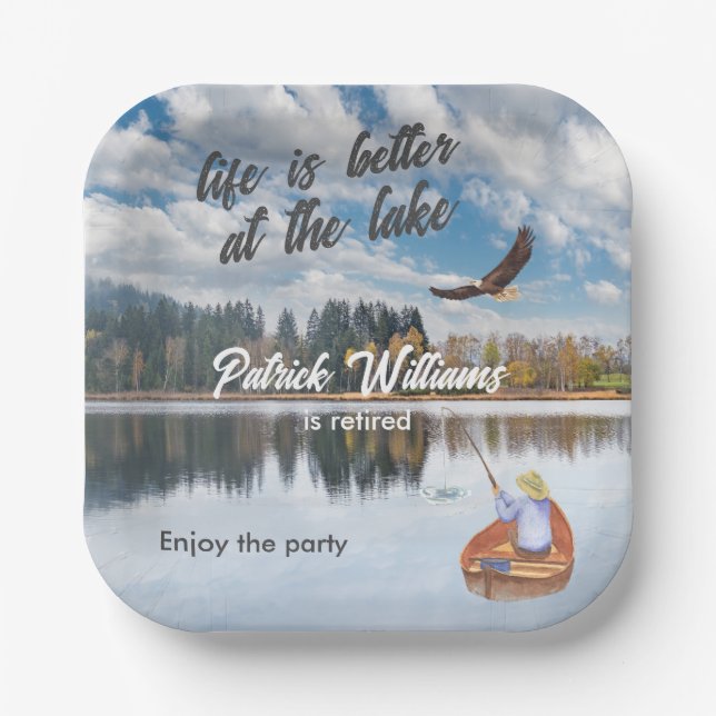 Retirement fishing at the lake watercolor paper plate (Front)