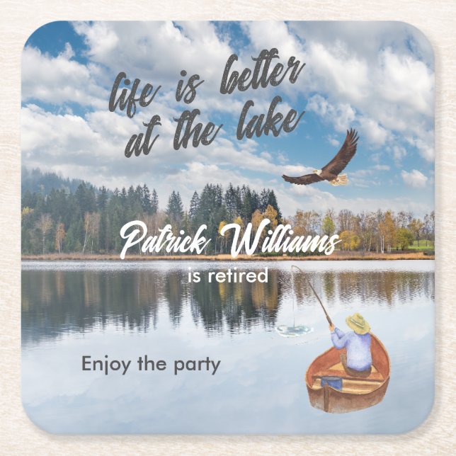 Retirement fishing at the lake watercolor square paper coaster (Front)