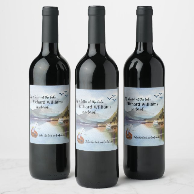 Retirement fishing at the lake watercolor wine label (Bottles)