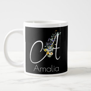 Retirement Floral monogram watercolor black Large Coffee Mug