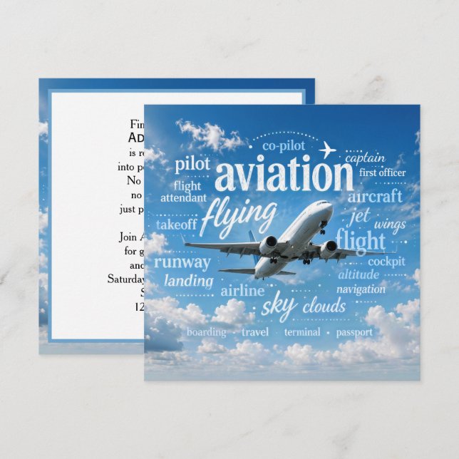 Retirement for Pilot Aeroplane in Word Cloud Invitation (Front/Back)