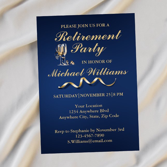 Retirement Formal Classic Champagne Glass Blue Invitation (Creator Uploaded)