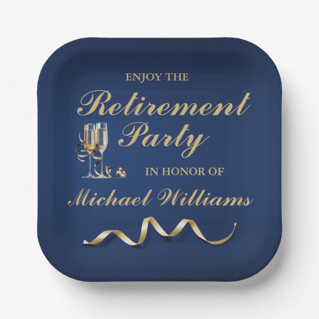 Retirement Formal Classic Champagne Glass Blue Paper Plate (Front)