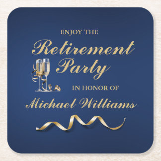 Retirement Formal Classic Champagne Glass Blue Square Paper Coaster