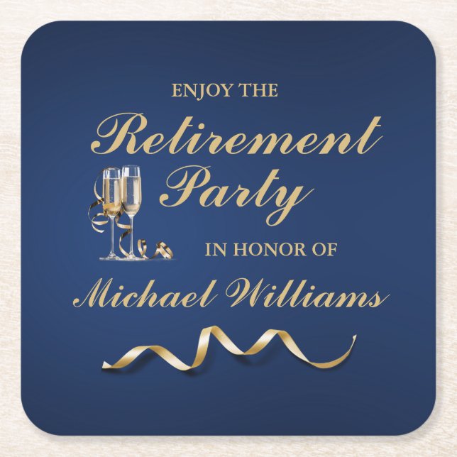 Retirement Formal Classic Champagne Glass Blue Square Paper Coaster (Front)