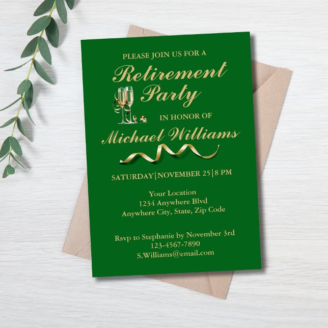 Retirement Formal Classic Champagne Glass Green Invitation (Creator Uploaded)