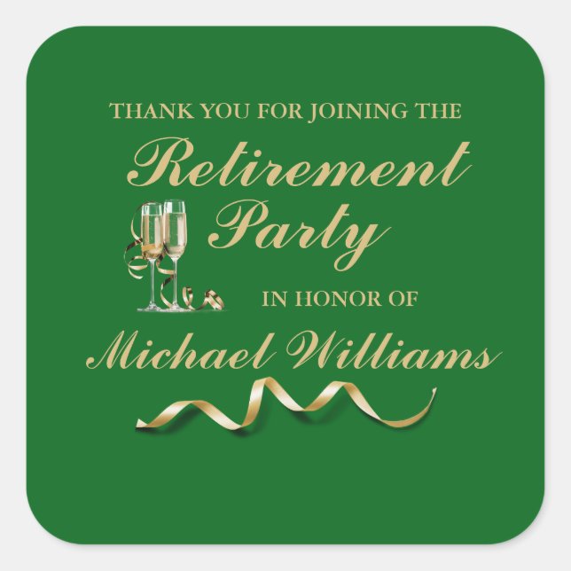 Retirement Formal Classic Champagne Glass Green Square Sticker (Front)