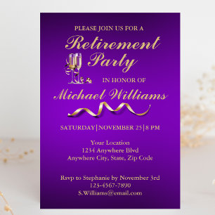 Retirement Formal Classic Champagne Glass Purple Invitation