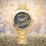 Retirement gold music notes black music teacher watch<br><div class="desc">Simple and elegant retirement gift for a male or female music teacher! A classic black coloured background with faux gold music notes. Template for a name,  and the thext: Thank You,  golden letters.   Thank you is written with a modern hand lettered style script.</div>