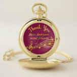 Retirement gold music notes burgundy music teacher pocket watch<br><div class="desc">Simple and elegant retirement gift for a female music teacher! Chic girly and femine burgundy coloured background with faux gold music notes. Template for a name,  and the thext: Thank You,  golden letters.   Thank you is written with a modern hand lettered style script.</div>