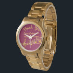 Retirement gold music notes burgundy music teacher watch<br><div class="desc">Simple and elegant retirement gift for a female music teacher! A classic burgundy coloured background with faux gold music notes. Template for a name,  and the thext: Thank You,  golden letters.   Thank you is written with a modern hand lettered style script.</div>