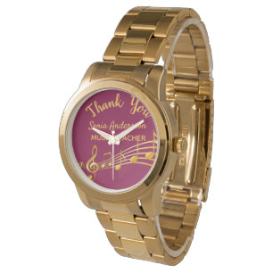 Retirement gold music notes burgundy music teacher watch
