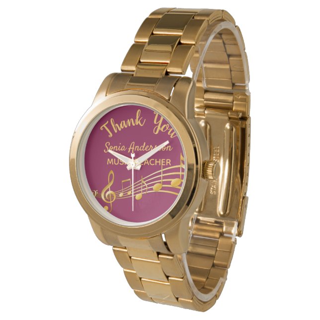 Retirement gold music notes burgundy music teacher watch (Angled)