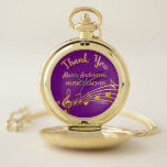 Retirement gold music notes purple music teacher pocket watch<br><div class="desc">Simple and elegant retirement gift for a female music teacher! Chic girly and femine Purple coloured background with faux gold music notes. Template for a name,  and the thext: Thank You,  golden letters.   Thank you is written with a modern hand lettered style script.</div>