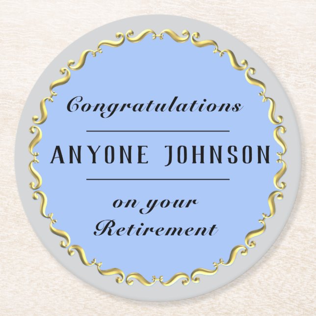 Retirement Gold-scroll Design personalise Round Paper Coaster (Front)