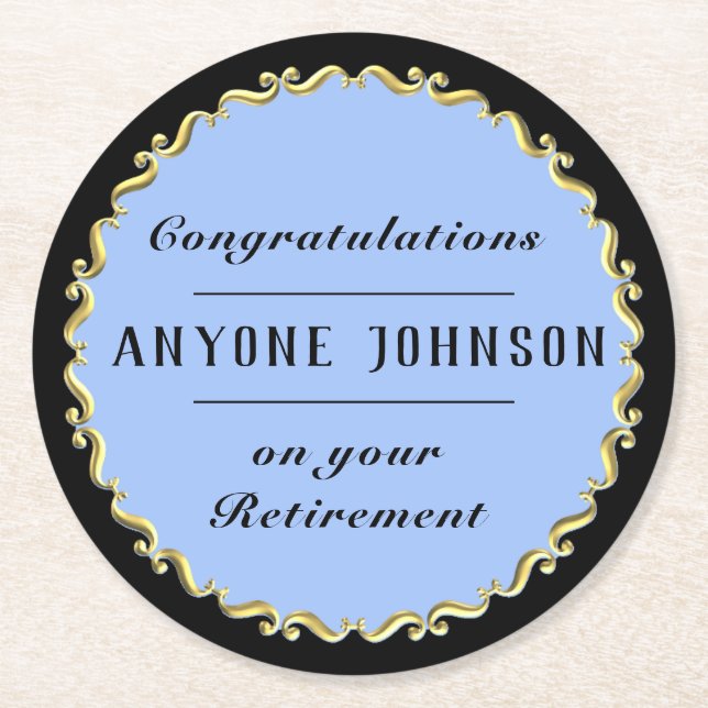 Retirement Gold-scroll Design personalise Round Paper Coaster (Front)