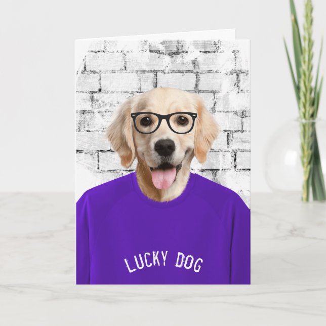 retirement golden retriever in purple t-shirt card (Front)
