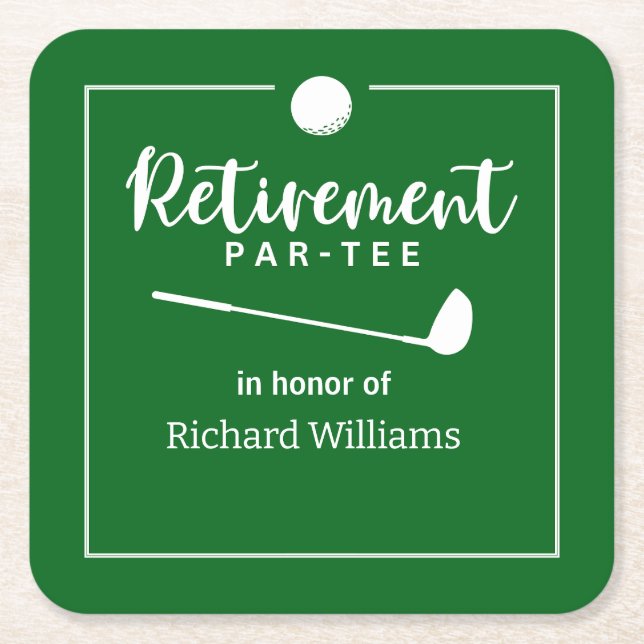 Retirement Golf Ball Tee Flag Modern Square Paper Coaster (Front)