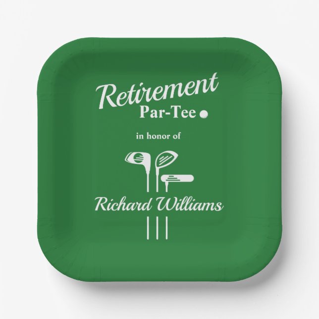 Retirement Golf Clubs Green White Themed Par Tee Paper Plate (Front)