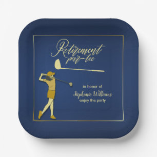 Retirement Golf Party Classic Blue Golden Woman Paper Plate