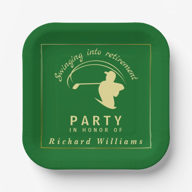 Retirement Golf Party Classic Green Golden Player  Paper Plate (Front)