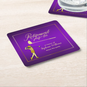 Retirement Golf Party Classic Purple Golden Woman Square Paper Coaster