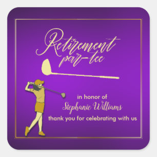 Retirement Golf Party Classic Purple Golden Woman Square Sticker