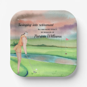 Retirement Golf Woman Swinging on the Green Paper Plate