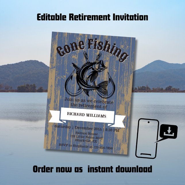 Retirement Gone Fishing Retired Rustic Wood Invitation (Creator Uploaded)