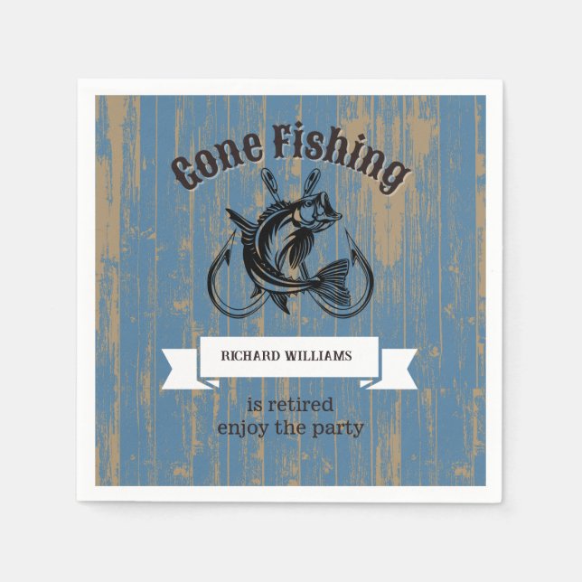 Retirement Gone Fishing Retired Rustic Wood Napkin (Front)