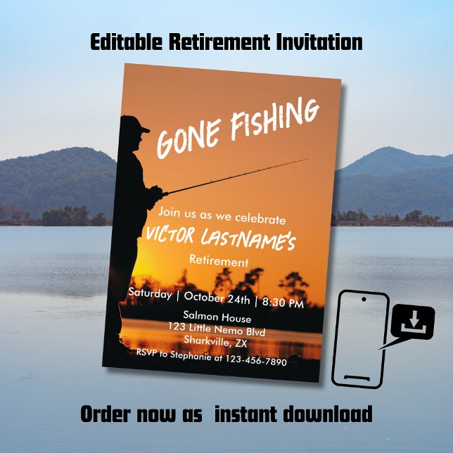 Retirement Gone Fishing Sunset Retired Fisherman Invitation (Creator Uploaded)