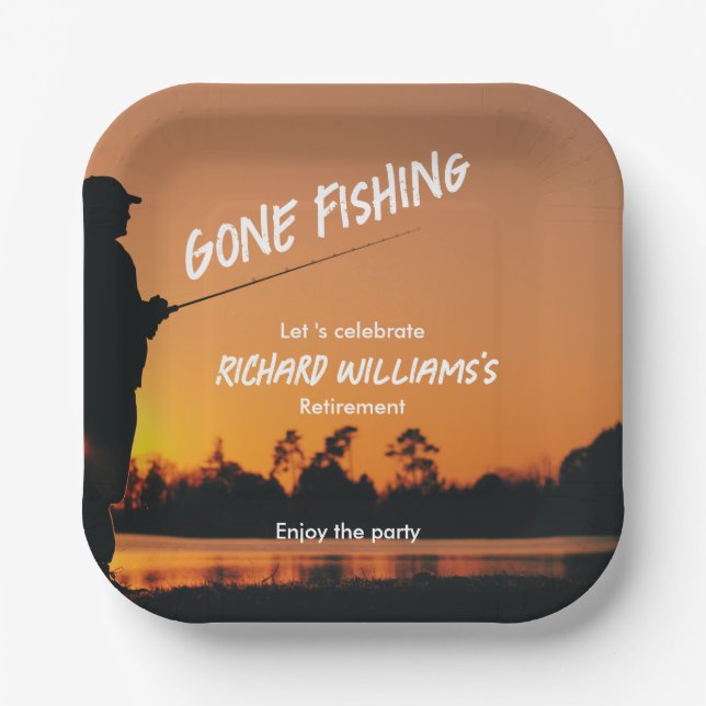 Retirement Gone Fishing Sunset Retired Fisherman Paper Plate (Front)