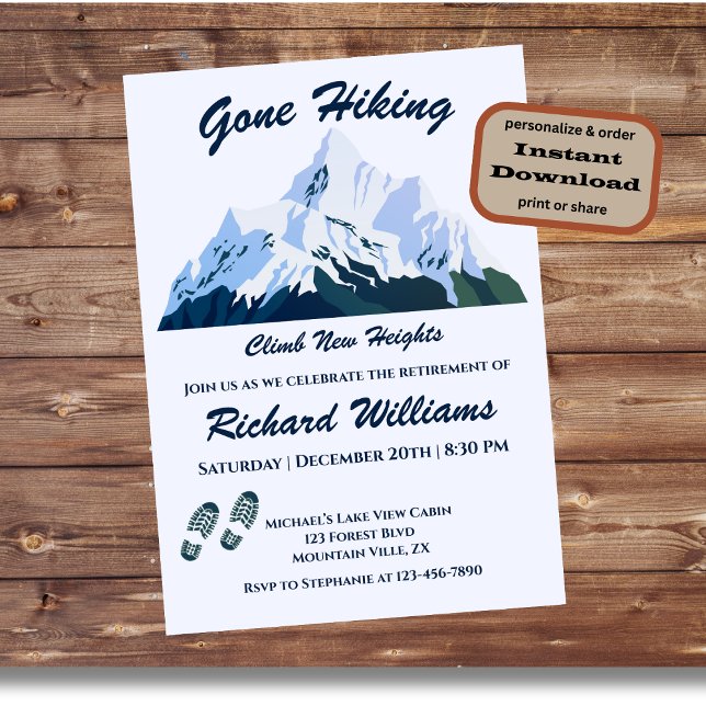 Retirement Gone Hiking Snowy Mountains Happy Trail Invitation (Creator Uploaded)