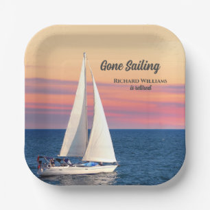 Retirement Gone Sailing Sailboat Sunset Ocean Paper Plate