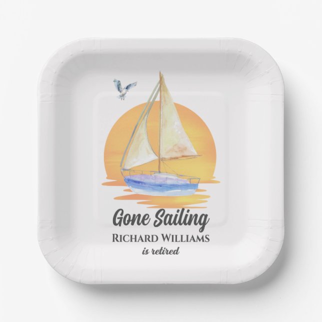 Retirement Gone Sailing Sailboat Sunset Watercolor Paper Plate (Front)