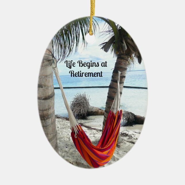 Retirement: Hammock on the Beach Ceramic Tree Decoration (Front)
