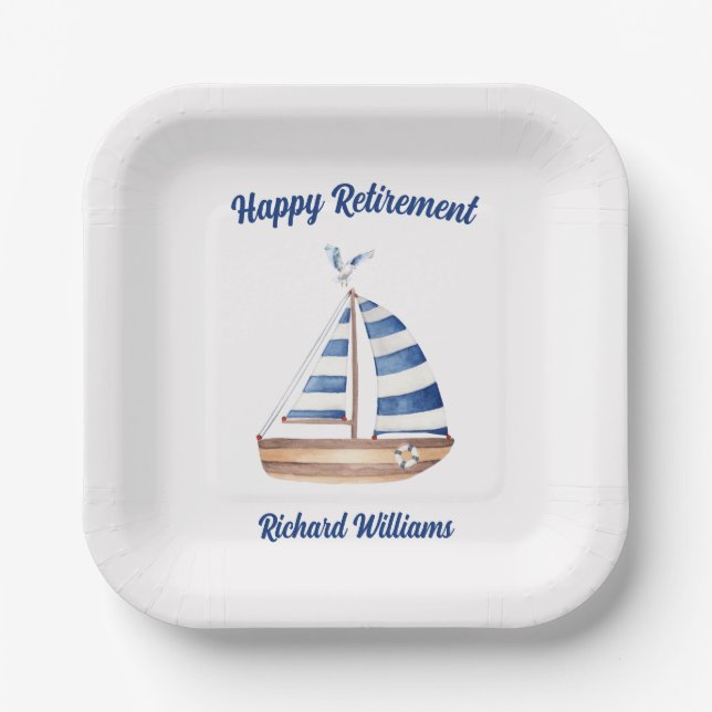Retirement Happy Retirement Sailboat Watercolor Paper Plate (Front)