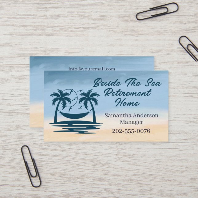 Retirement Home QR Codes Beach Palm Tree Business Card (Front/Back In Situ)