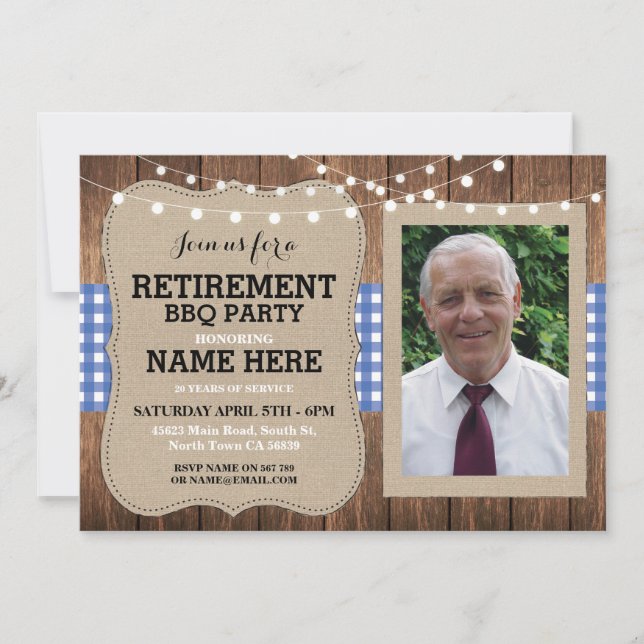 Retirement Invitation Photo Party BBQ blue Invite (Front)