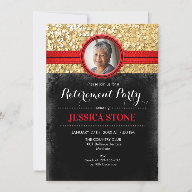 Retirement Invitation With Photo - Red Gold Black (Front)