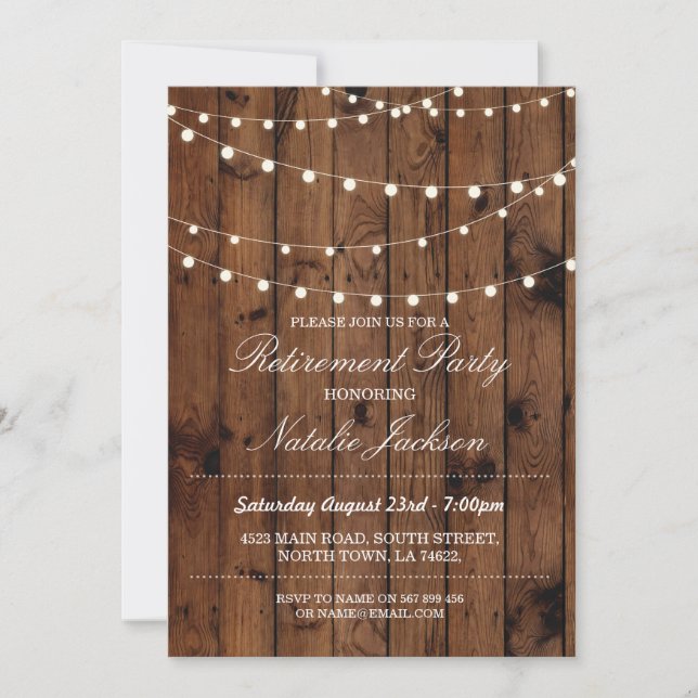 Retirement Invitation Wood Elegant Lights Invite (Front)