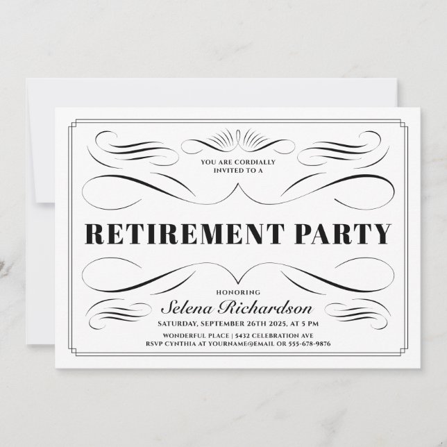 Retirement Invitations - Custom Colour Scrollwork (Front)